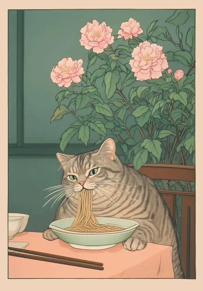 DecorBites™ canvas wall art depicting a japanese tabby cat with green eyes eating noodles from a light blue bowl
