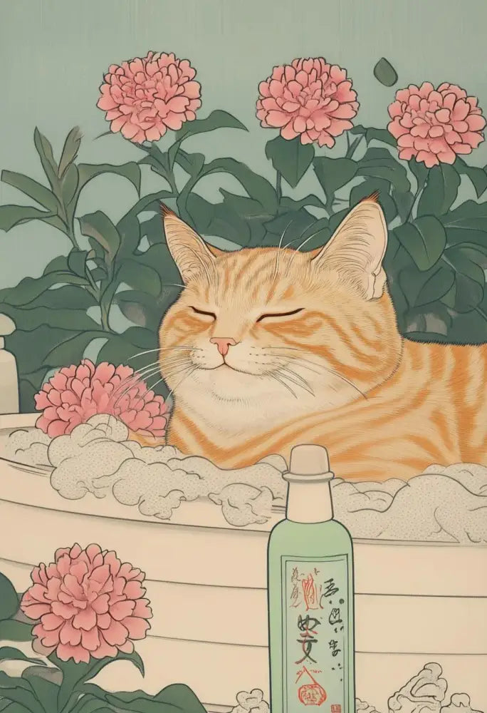 Decorbites™ tabby cat in bathtub canvas wall art featuring a green bottle and a japanese tabby cat with pink peonies