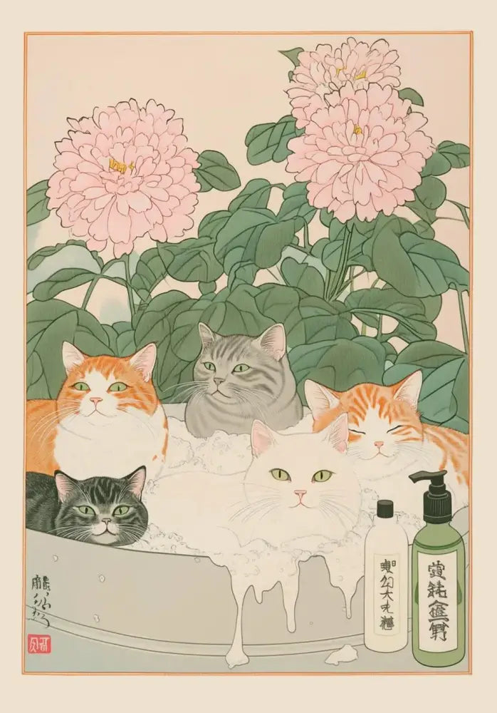 A green pump bottle with japanese tabby cat black characters beside a white bottle in soapy bathtub wall art