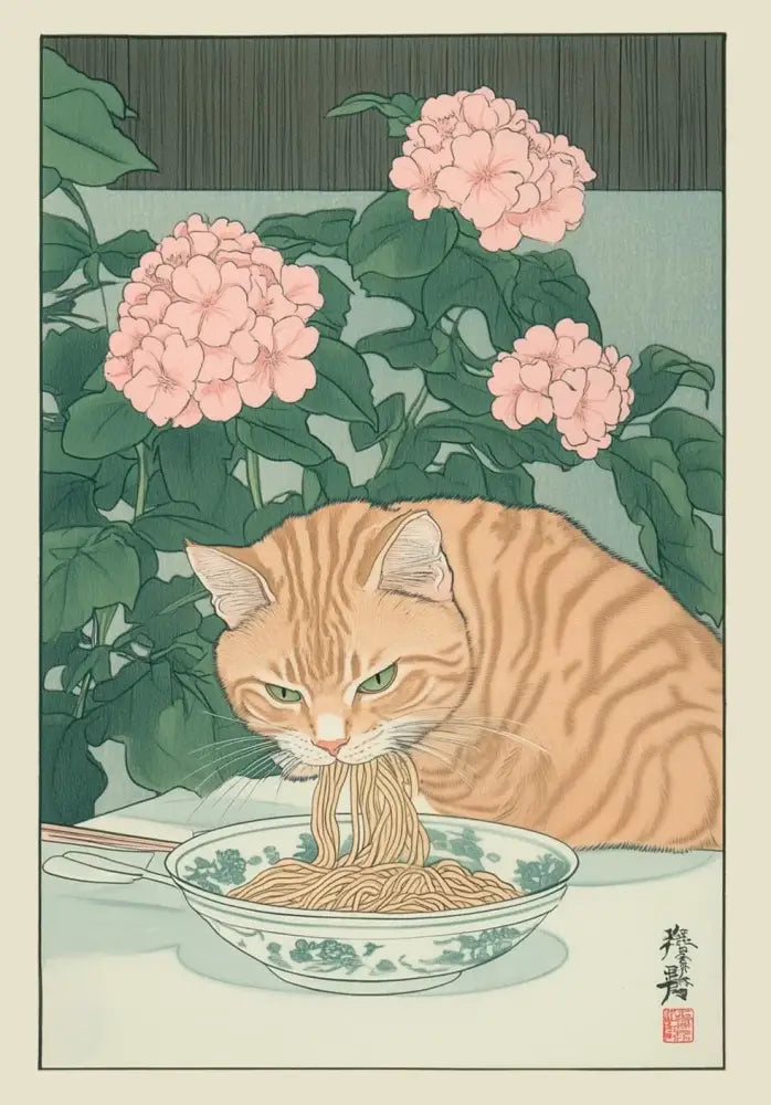 Decorbites™ canvas wall art featuring an orange tabby cat with green eyes eating noodles in a blue floral bowl
