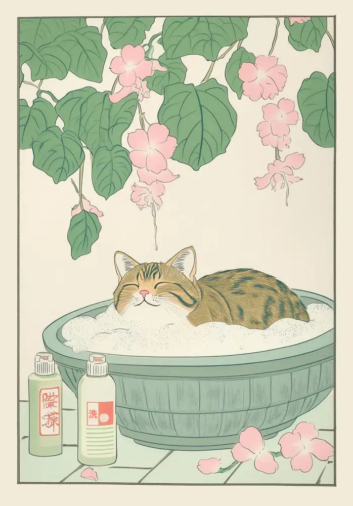DecorBites™ tabby cat wall art showing a serene japanese tabby cat in a light green ceramic bathtub with white soap suds