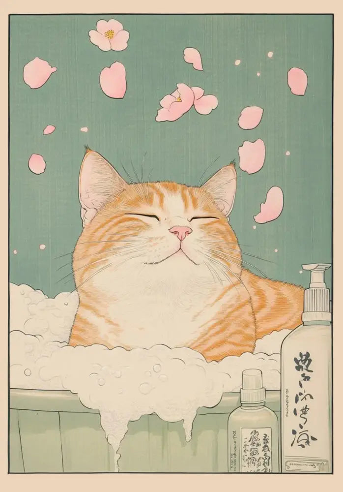 Decorbites™ tabby cat wall art canvas featuring a serene orange japanese tabby cat in a bathtub with cherry blossoms