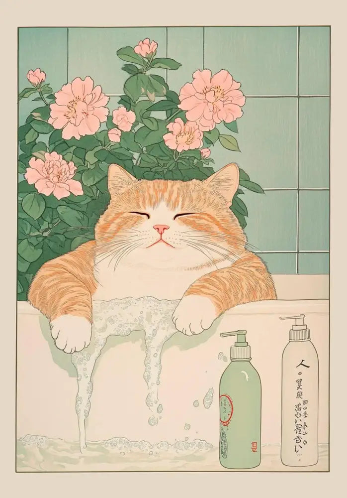 Decorbites™ tabby cat wall art features a serene orange japanese tabby cat with white paws in a bubbly bath canvas
