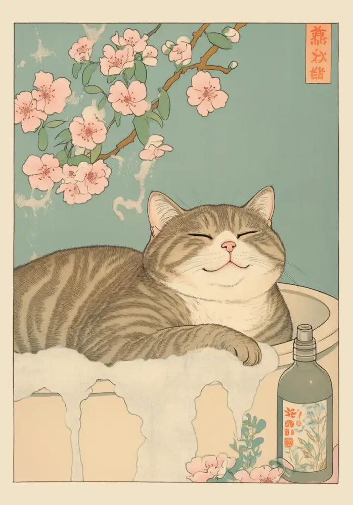 Decorbites™ tabby cat wall art features a serene japanese tabby cat in a bathtub with frothy white bubbles