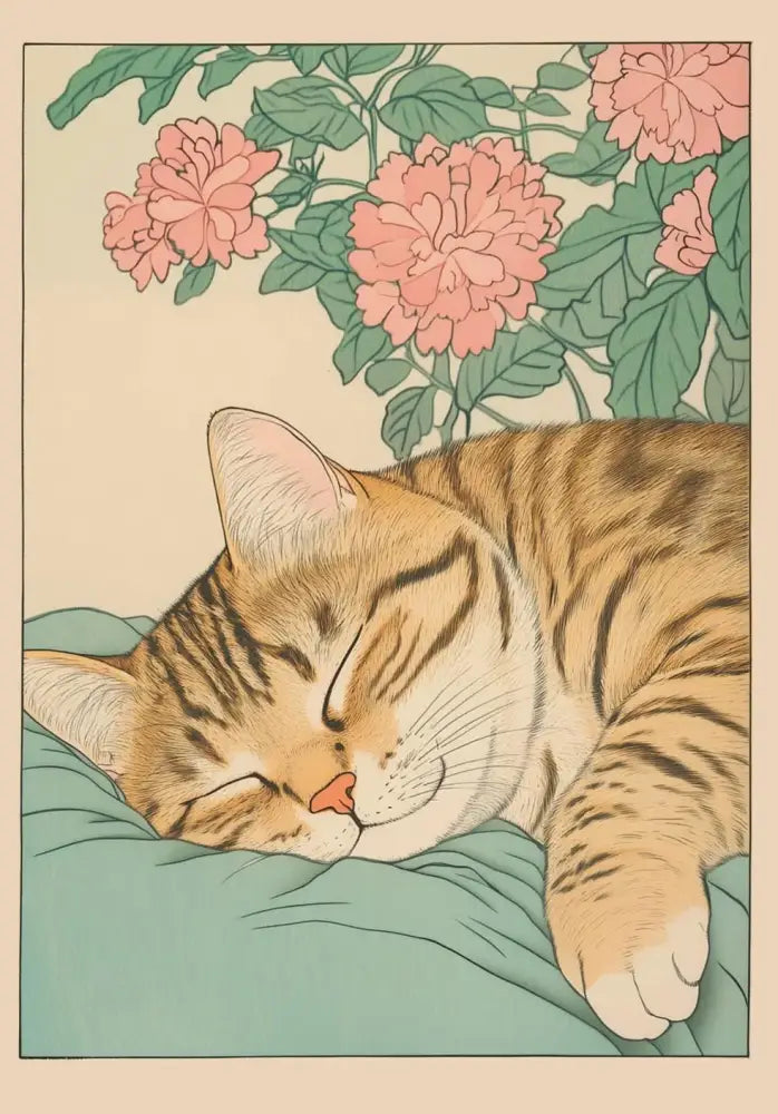Serene decorbites™ tabby cat wall art featuring a japanese tabby cat with orange stripes on teal canvas with pink blossoms