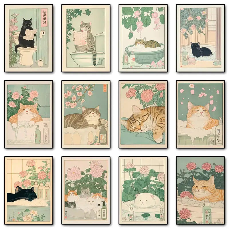 Set of twelve framed vintage-style wall art featuring japanese tabby cat illustrations in pastel bathroom scenes