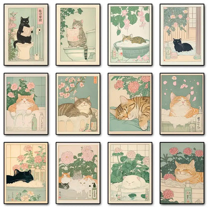 Set of twelve framed vintage-style wall art featuring japanese tabby cat illustrations in pastel bathroom scenes