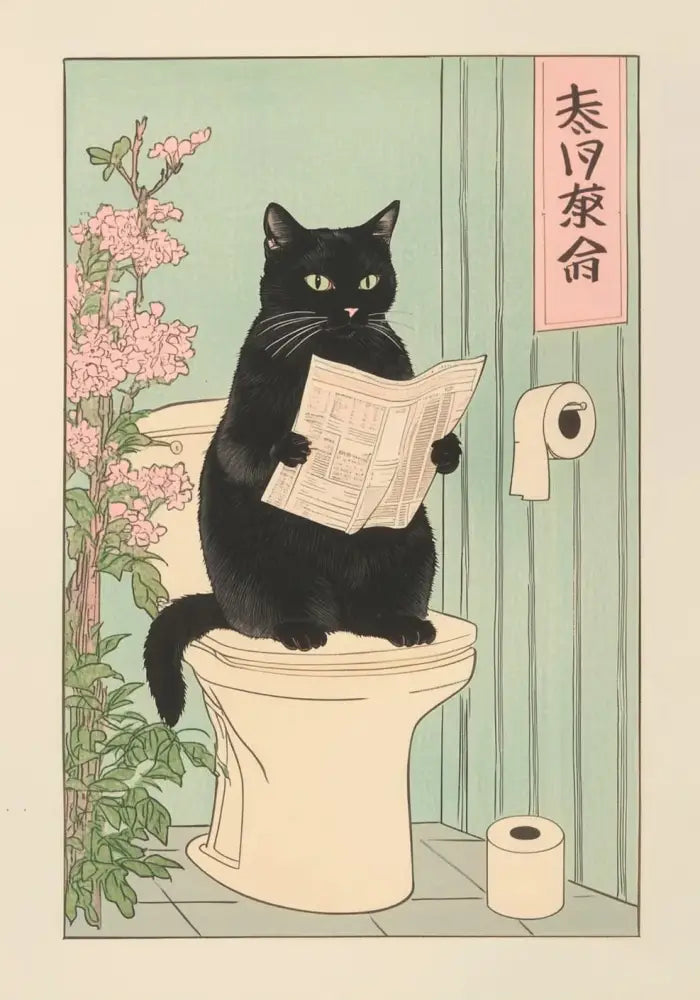 DecorBites™ tabby cat wall art features a sleek black cat with green eyes reading a newspaper on a cream toilet canvas