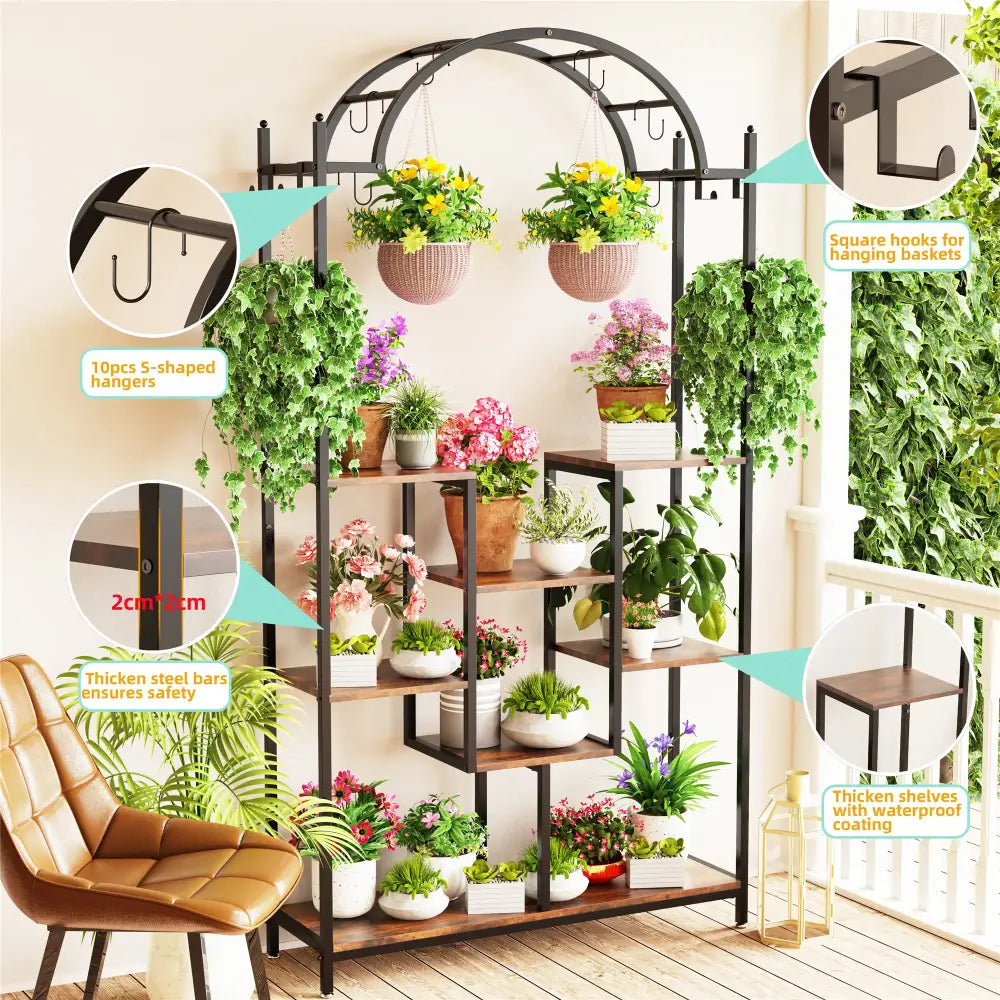 DecorBites™ tall 5-tier black metal and wood plant stand with hanging hooks and curved top arch plant holder