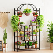 Decorbites tall 5-tier black metal and wood plant stand with arched top multiple shelves and hanging hooks plant holder