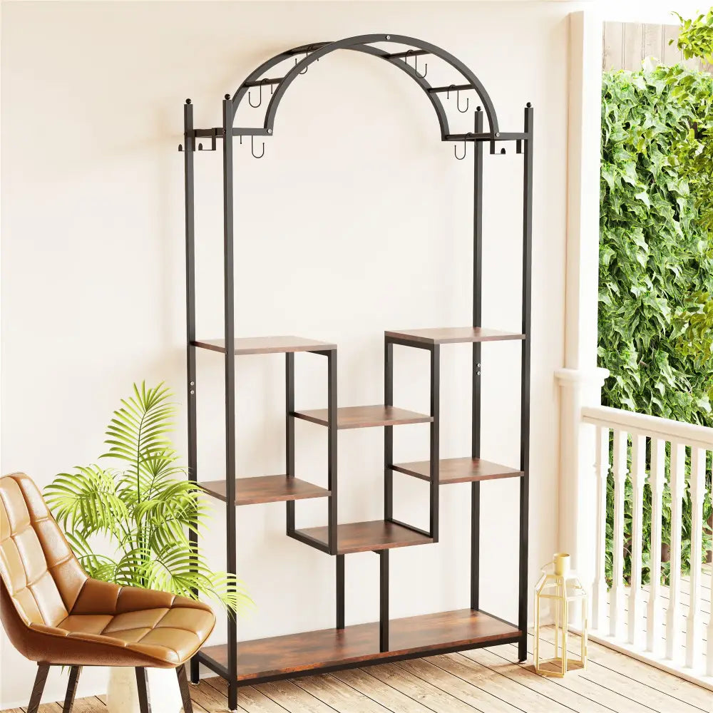 DecorBites™ tall black metal and wood plant stand with arched top, five tiers, and hanging hooks for plant holder use