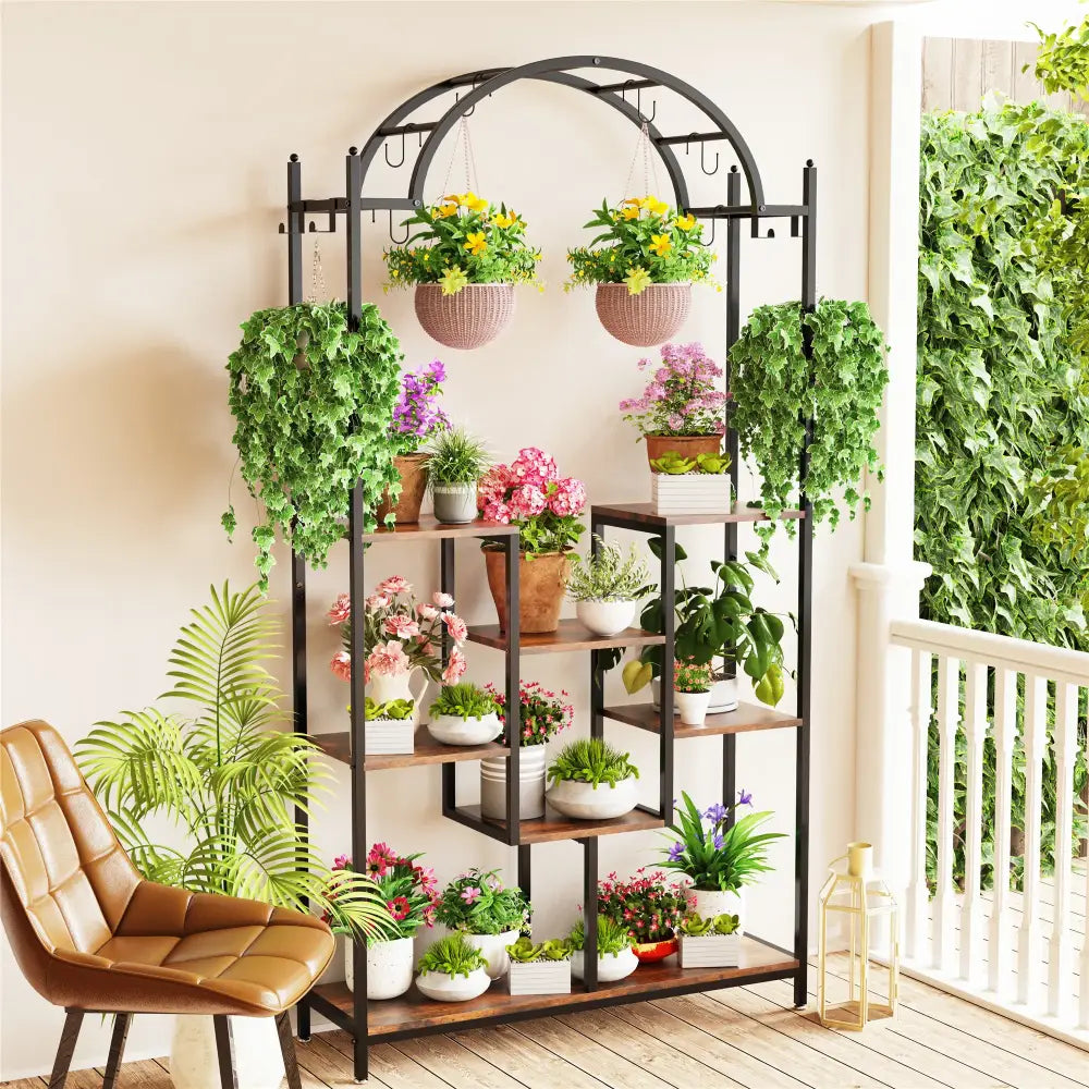 Decorbites™ tall 5-tier black metal and wood plant stand with hanging hooks and multiple shelves for plant holder use