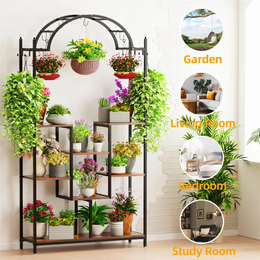 DecorBites tall 5-tier black metal and wood plant stand with arched top shelves and hanging hooks holding potted plants