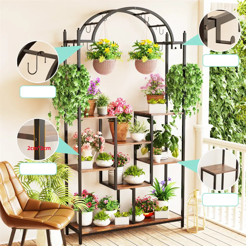 DecorBites™ tall 5-tier black metal and wood plant stand with multiple shelves and hanging hooks for plant holder use
