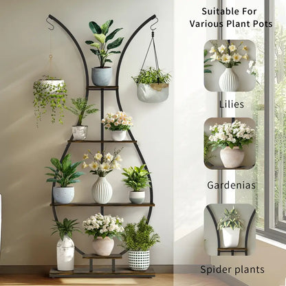 Decorbites tall black metal plant stand with 5 tiers wooden shelves and curved arches in vase shape design