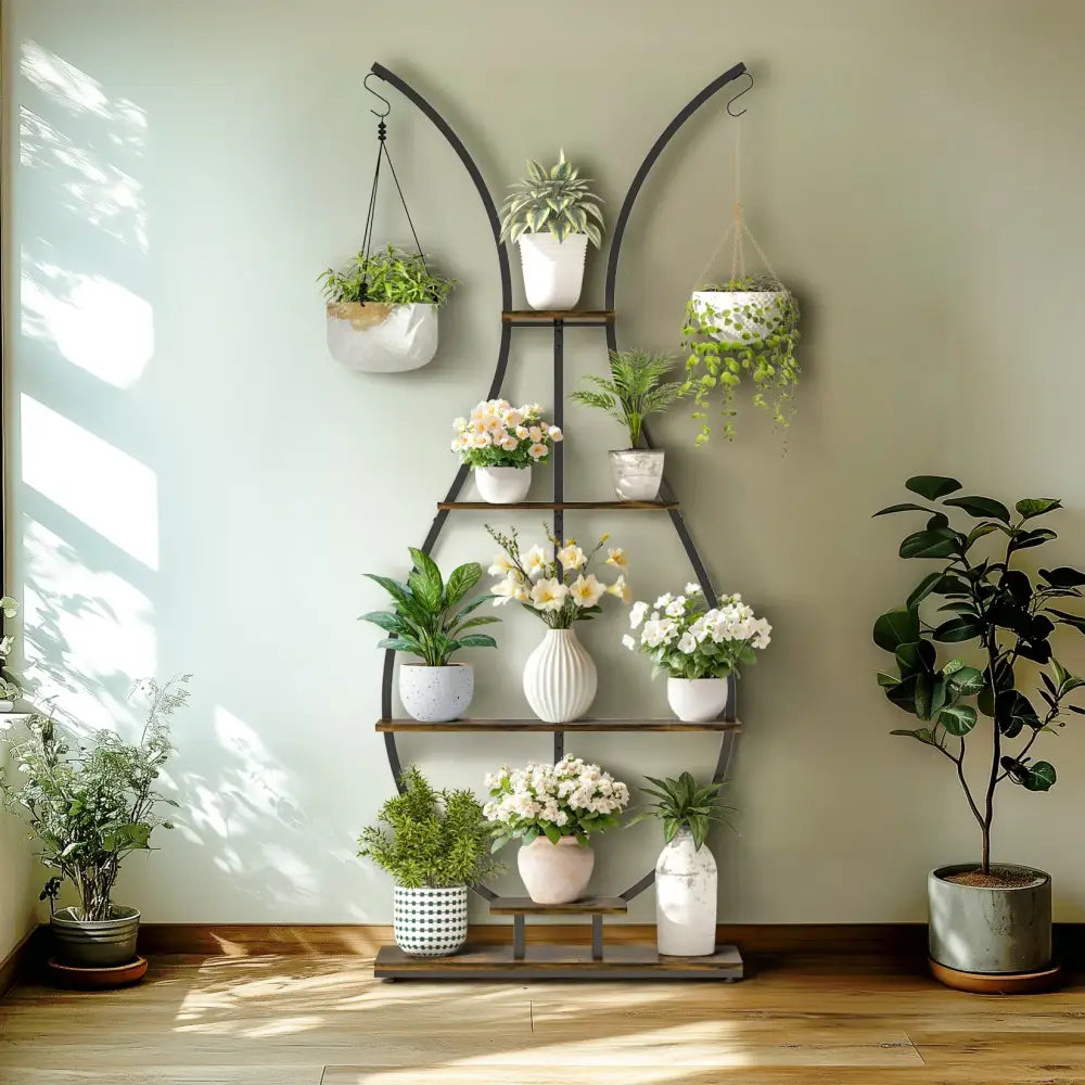 Decorbites™ tall black metal plant stand shaped like a bunny with wood accents and multiple tiers holding ceramic pots
