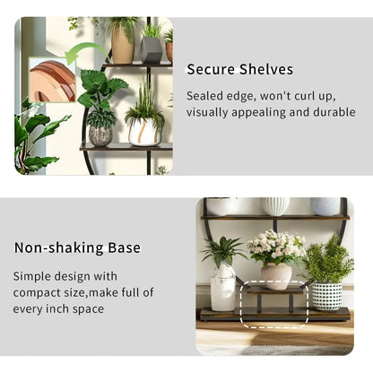 Dark wood floating shelf with non-shaking base and secure shelves on decorbites™ tall metal plant stand with 5 tiers