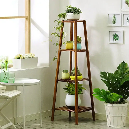 Decorbites™ tall wooden a-frame plant stand with four tiers holding colorful ceramic pots for indoor and outdoor use