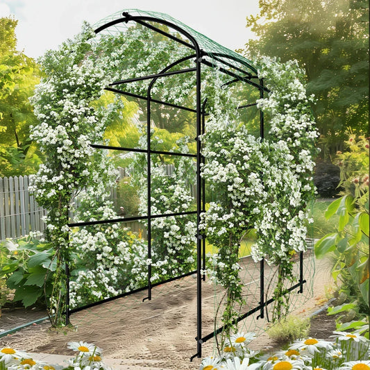 DecorBites™ tall black metal arched garden plant trellis covered in white flowering vines for outdoor use