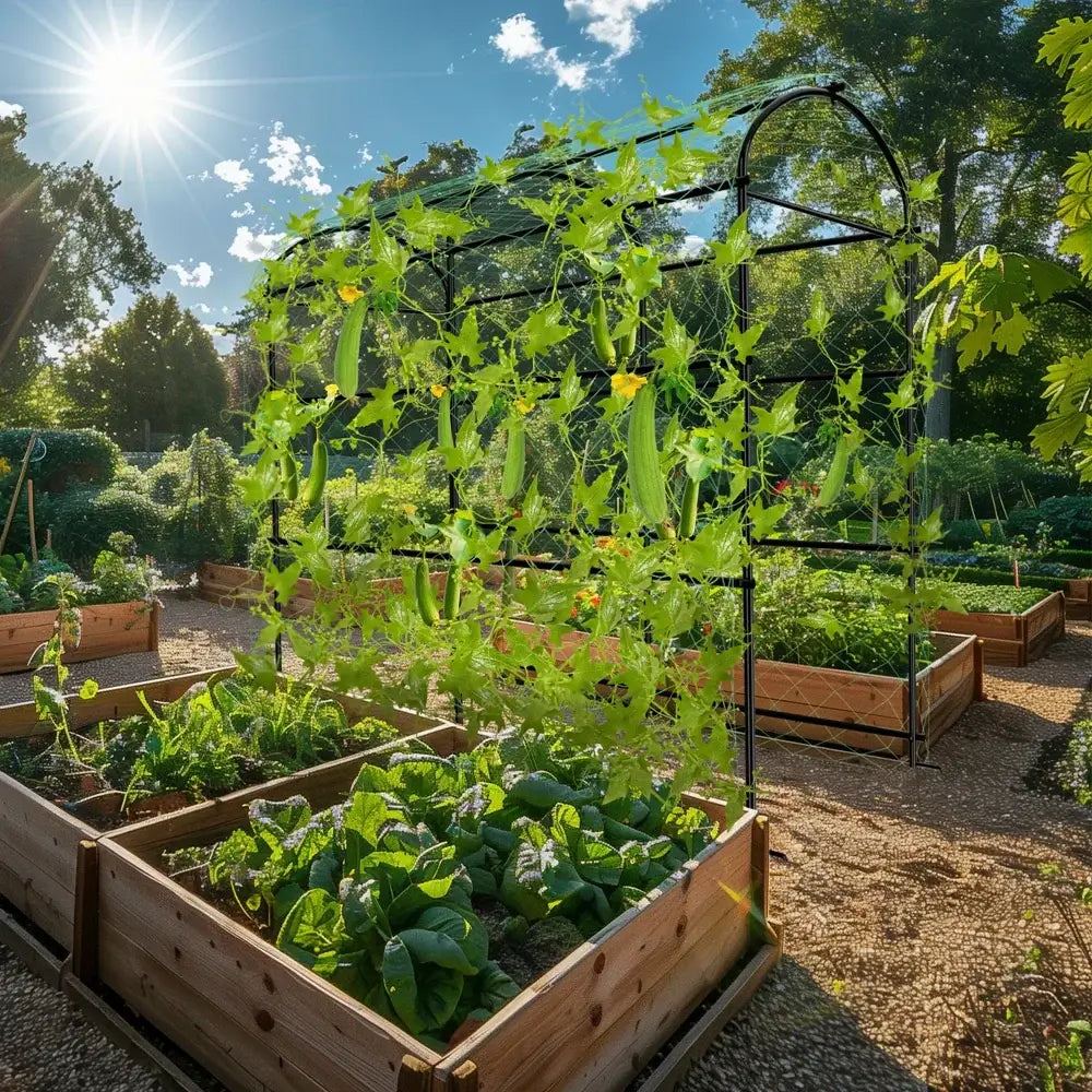 Decorbites™ tall u-shaped black metal garden plant trellis with lush green cucumber vine and yellow flowers
