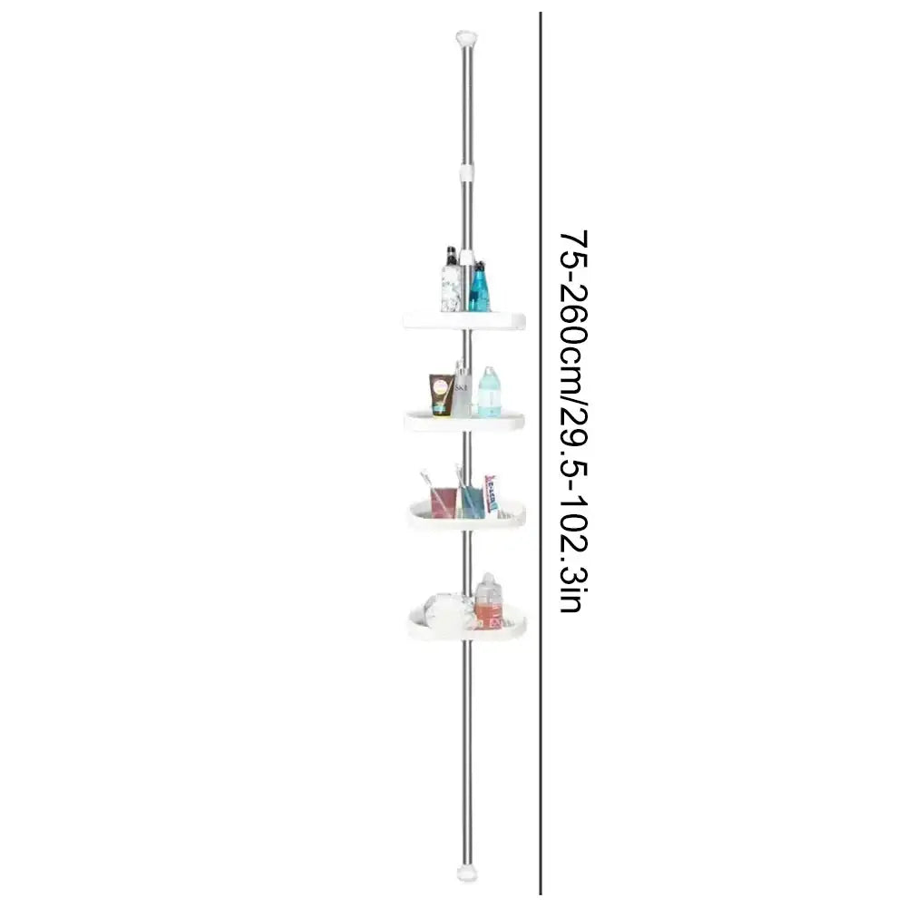 White plastic four-shelf shower rack organizer mounted on a rust-proof stainless steel telescopic shower rack pole