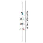 Adjustable chrome-finished decorbites™ telescopic shower rack organizer with four white circular stainless steel shelves