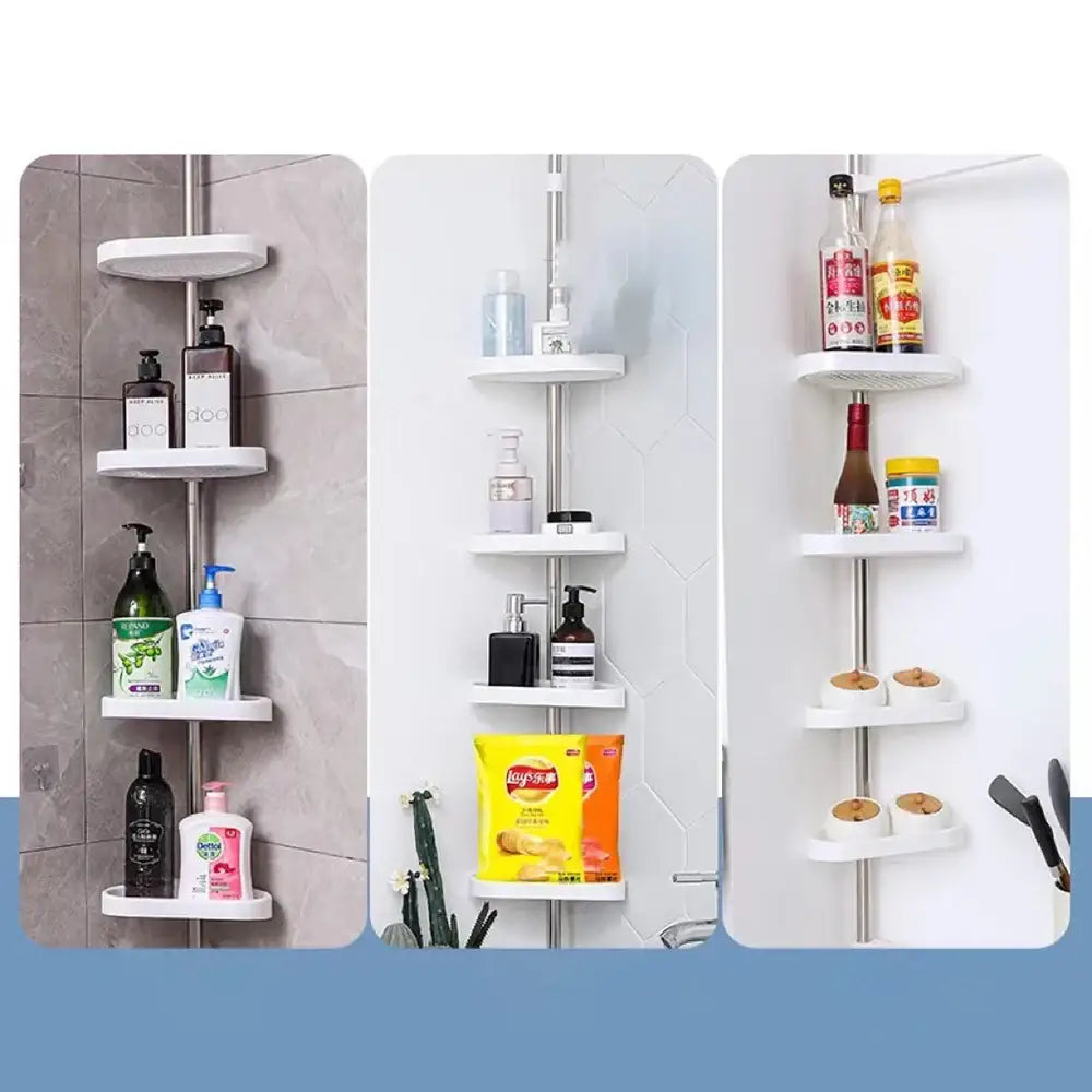 White plastic corner shower rack organizer with multiple tiers and a central stainless steel telescopic pole