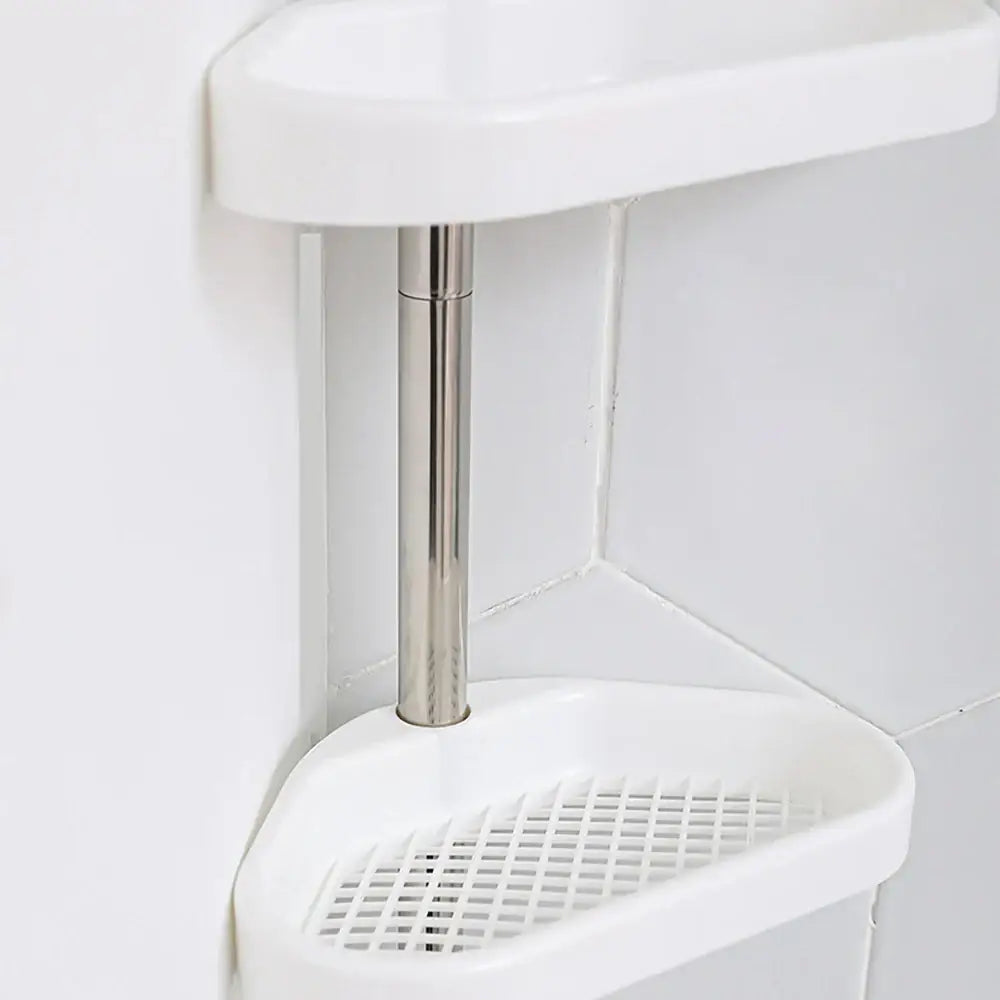 White plastic corner shelf with stainless steel pole and grid base in rust-proof DecorBites™ telescopic shower rack organizer