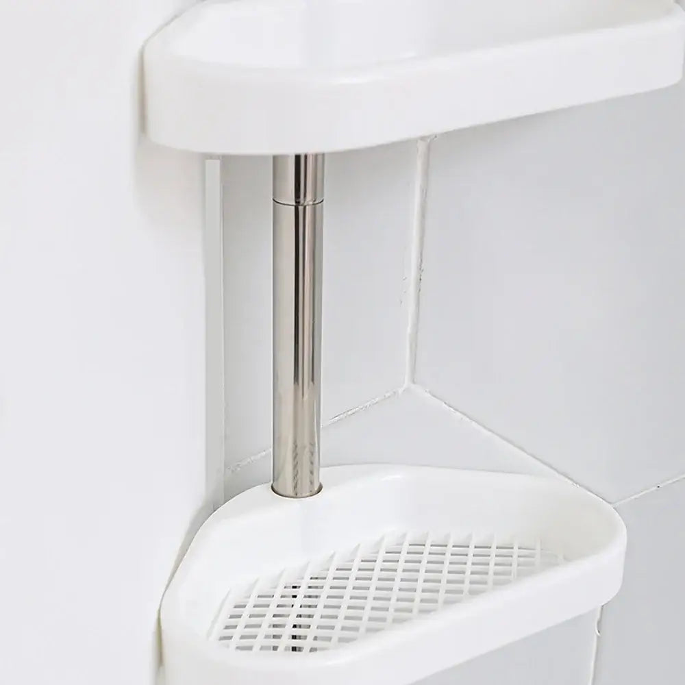White plastic corner shelf with stainless steel pole and grid base for DecorBites™ rust-proof telescopic shower rack organizer