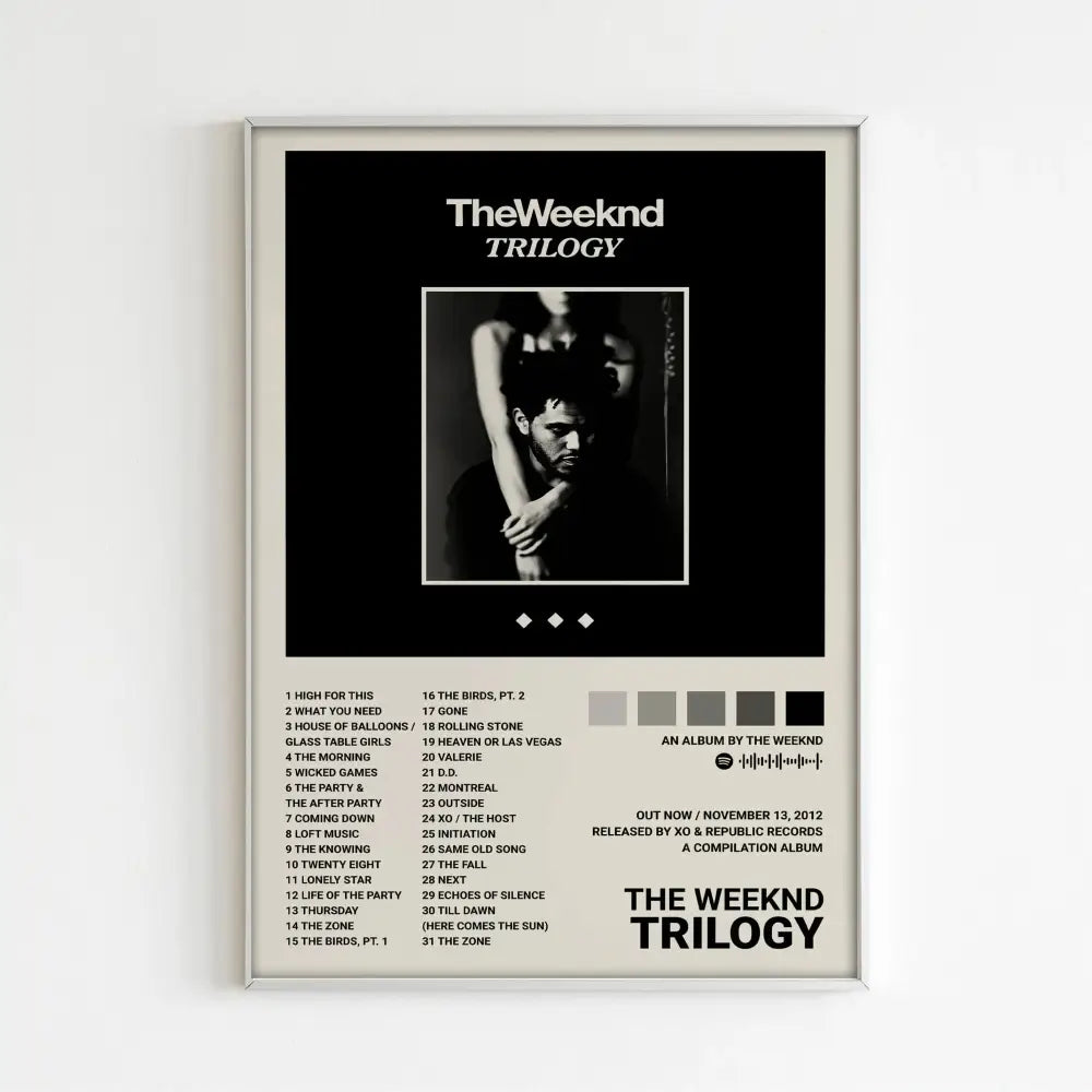 Black and white framed poster featuring the weeknd music album trilogy artwork for stylish home decor by decorbites™