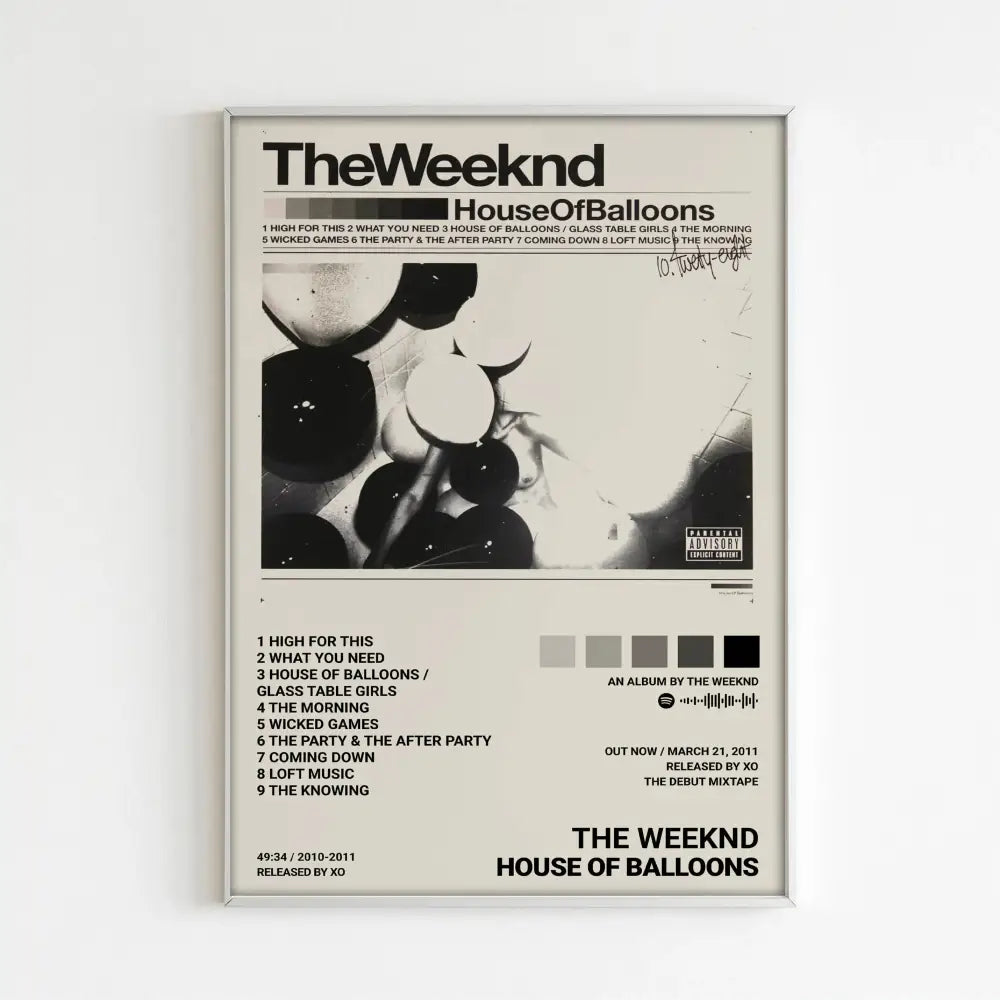 A framed black-and-white DecorBites music album poster for Weeknd home decor featuring bold typography and balloons
