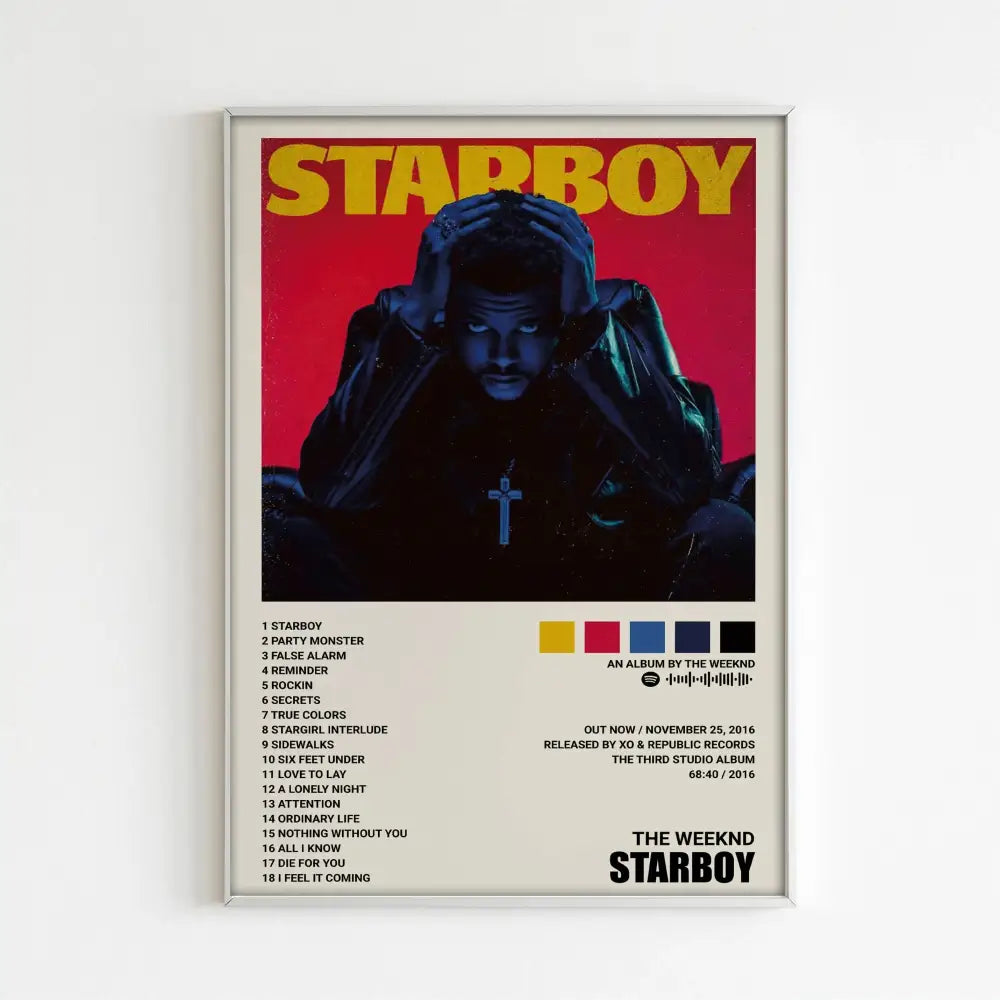 A framed DecorBites™ The Weeknd music album poster with bold yellow text on red for stylish home decor