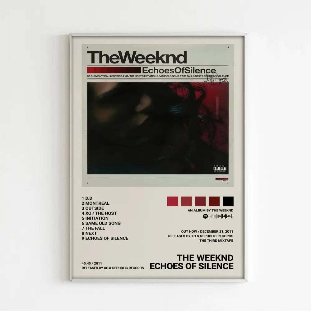 A framed decorbites™ the weeknd music album poster featuring dark red and black echoes of silence for home decor