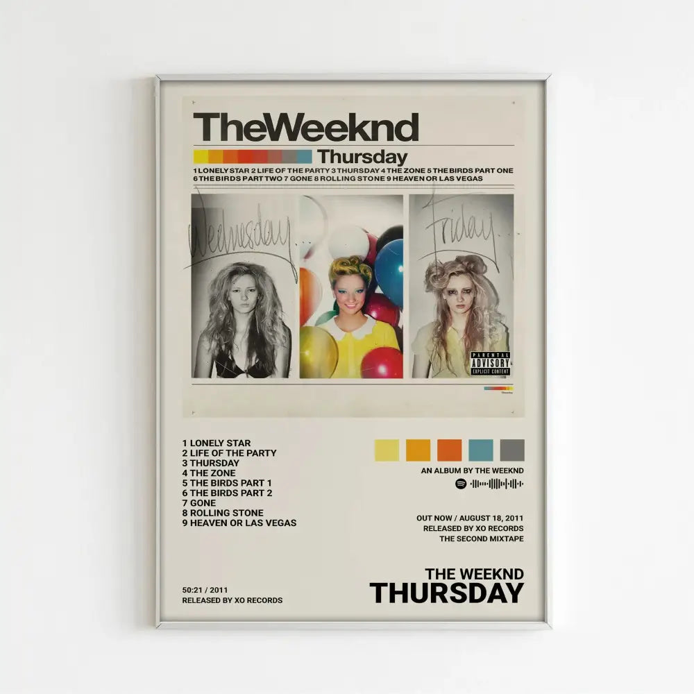 Framed DecorBites™ music album poster featuring The Weeknd Thursday with vintage newspaper design for home decor