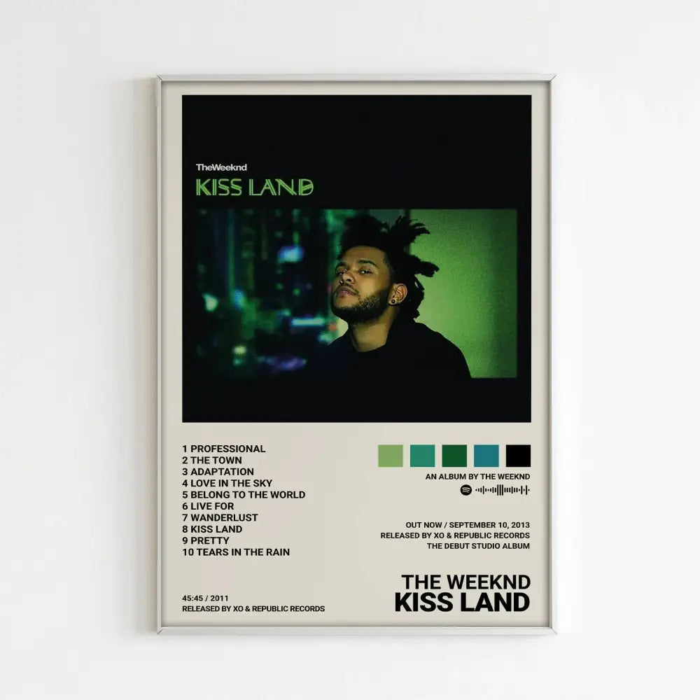 A framed DecorBites™ weeknd music album poster with green-tinted portrait tracklist and color swatches for home decor