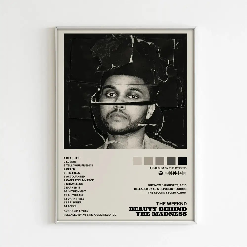 Framed black and white torn-paper collage poster of The Weeknd music album beauty behind the madness for home decor