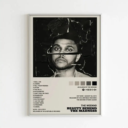 Framed black and white torn-paper collage poster of The Weeknd music album beauty behind the madness for home decor