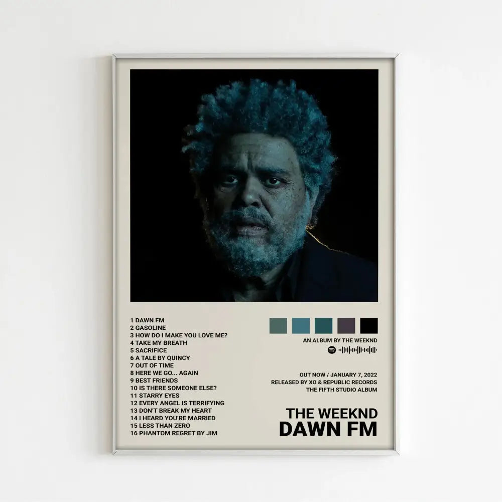 A framed DecorBites™ music album poster of the weeknd with blue hair for stylish home decor featuring dawn fm
