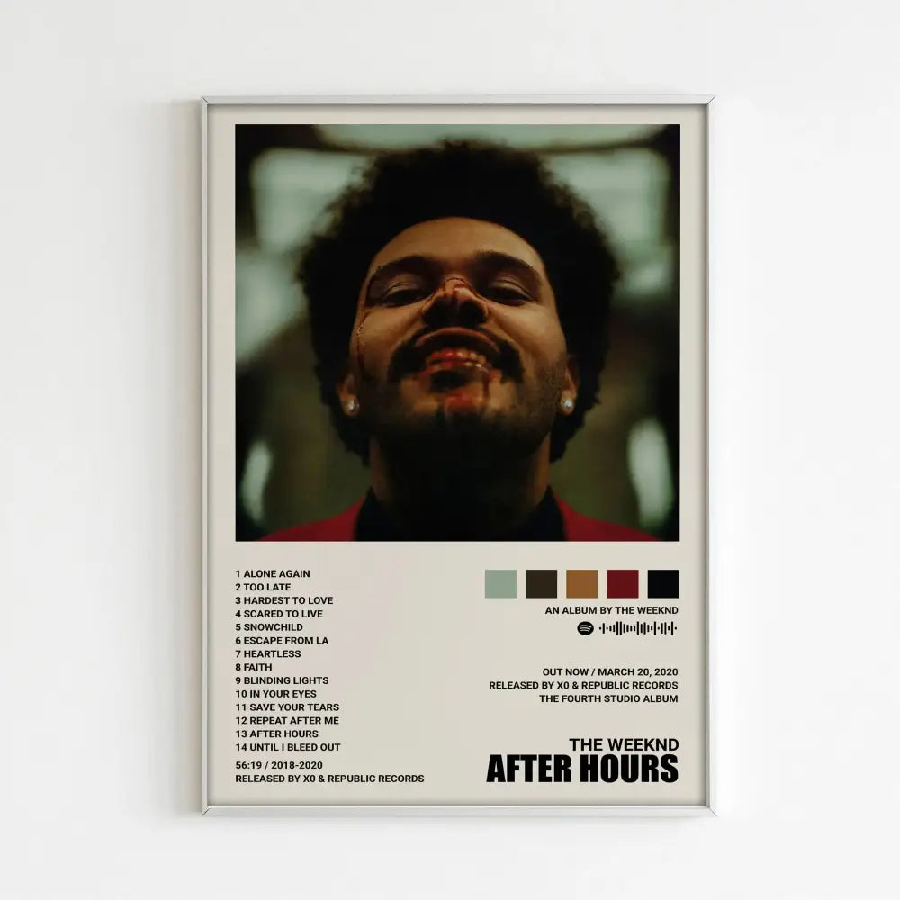 A framed DecorBites music album poster of The Weeknd after hours in dark tones for stylish home decor