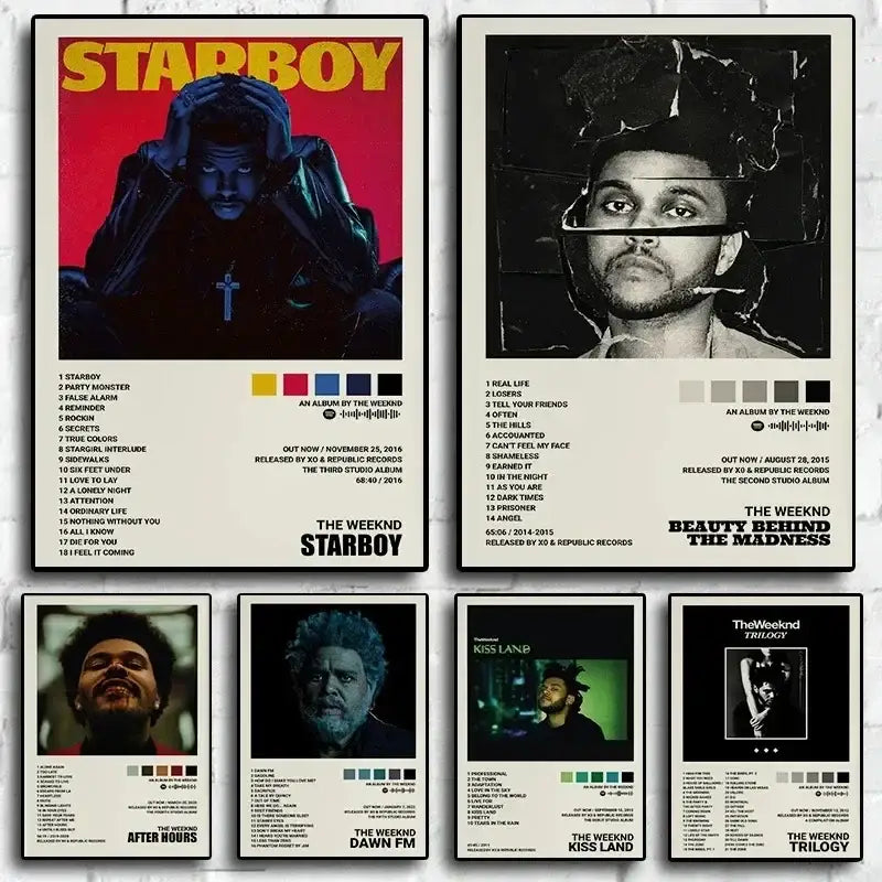 Set of six minimalist the weeknd music album poster prints including starboy and beauty behind the madness for home decor