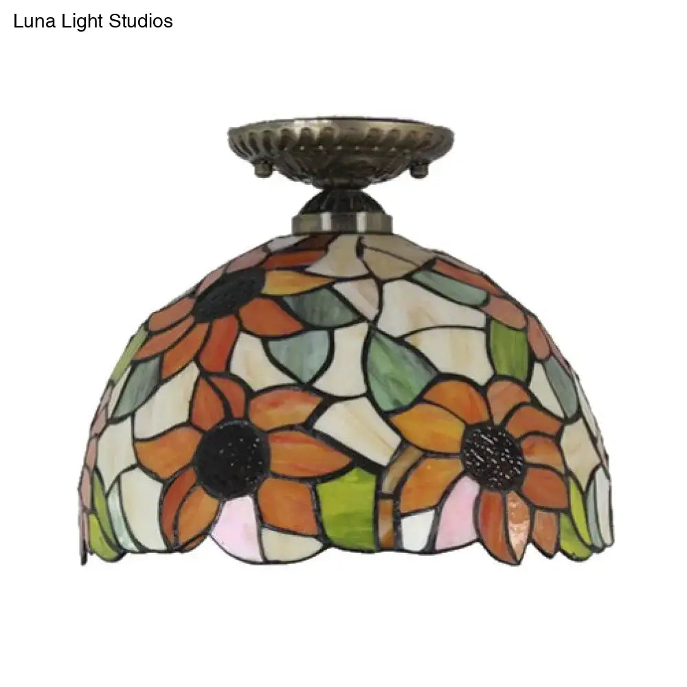 Decorbites tiffany 2-light semi flush mount ceiling light with sunflower pattern in brass bronze and stained glass