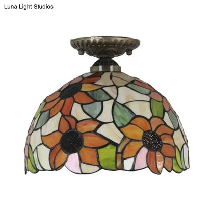 Decorbites tiffany 2-light semi flush mount ceiling light with sunflower pattern in brass bronze and stained glass