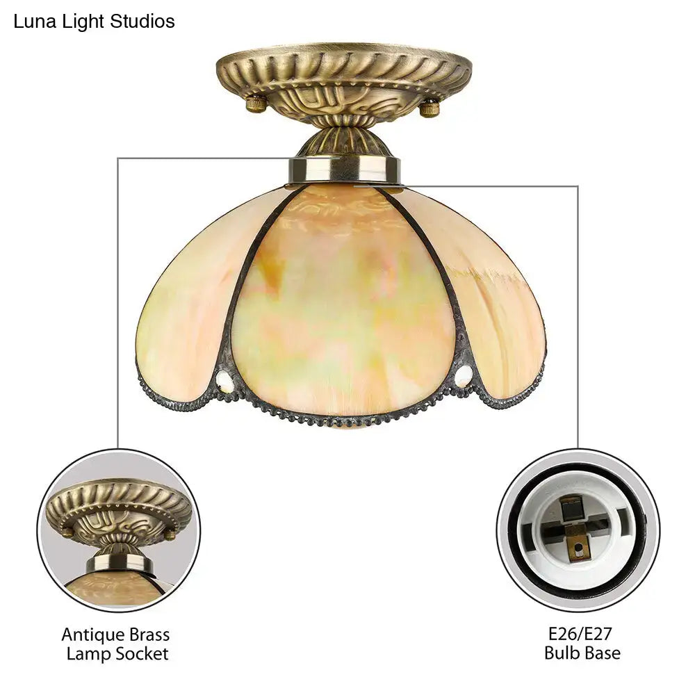 DecorBites tiffany antique brass flush mount ceiling light with multi-panel peach cream stained glass shade e27 220v-240v