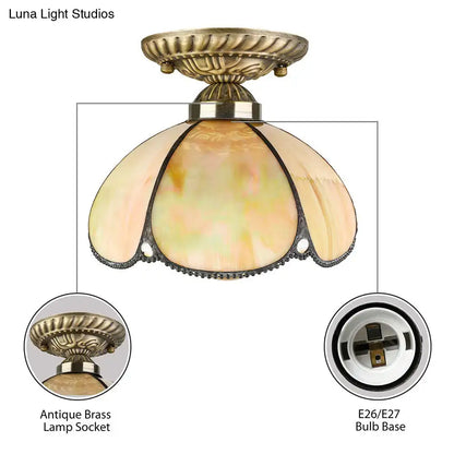 DecorBites tiffany antique brass flush mount ceiling light with multi-panel peach cream stained glass shade e27 220v-240v