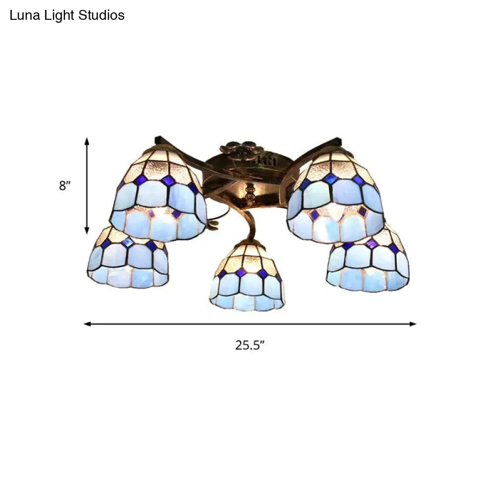 DecorBites tiffany stained glass ceiling light with 5 blue and white scalloped heads in antique bronze finish