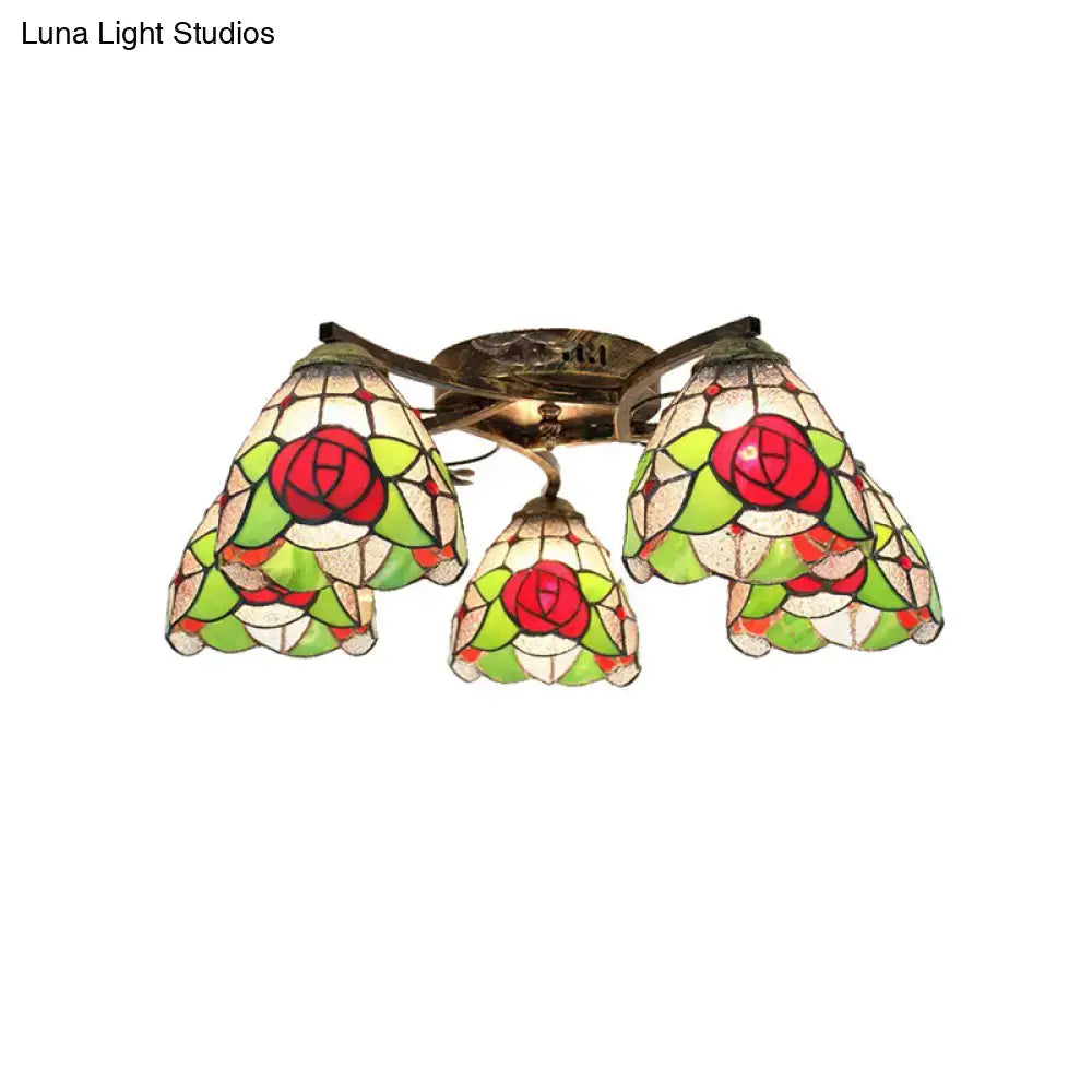 Decorbites tiffany stained glass ceiling light in antique bronze with three rose-patterned shades in red green and cream