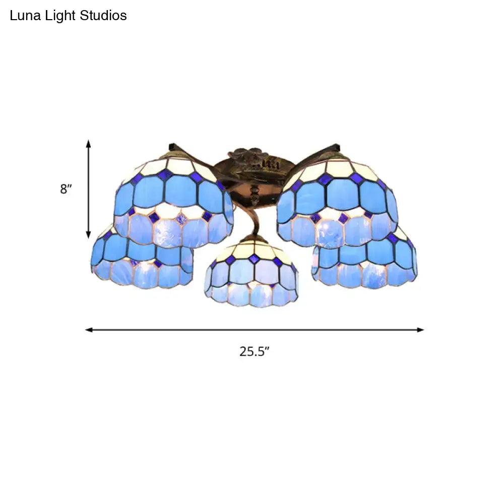 Decorbites tiffany stained glass ceiling light with blue hexagonal panels and antique bronze finish for bedroom