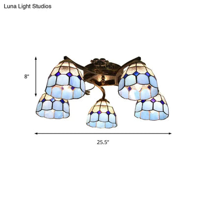 Tiffany stained glass ceiling light with blue and white glass shades in antique bronze finish for bedroom decor