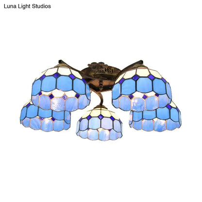 Decorbites tiffany stained glass ceiling light with blue and white scalloped heads and antique bronze finish