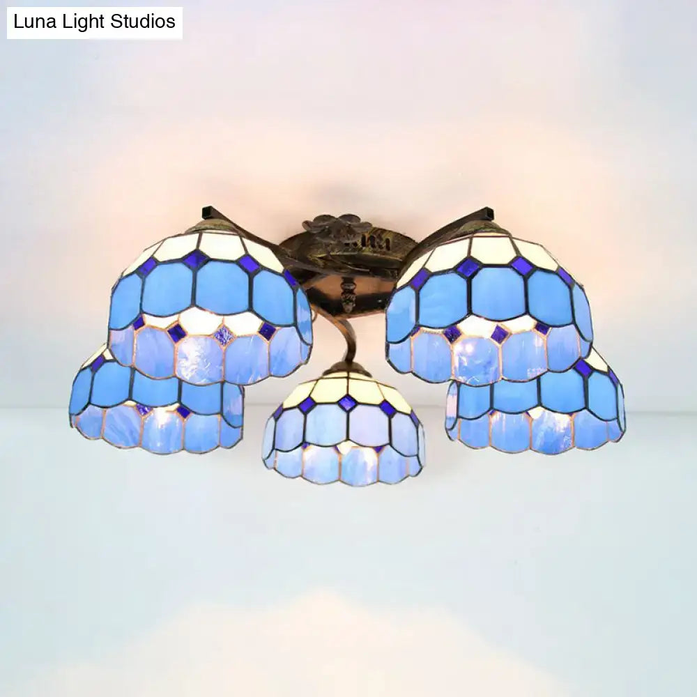 DecorBites tiffany stained glass ceiling light with blue and white glass and antique bronze scalloped heads for bedroom